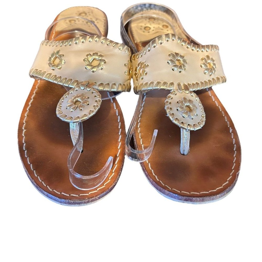 Jack Rogers Jacks II Beige/Gold Leather Flat Thong Sandal Shoes Womens 10 Casual - Picture 6 of 15